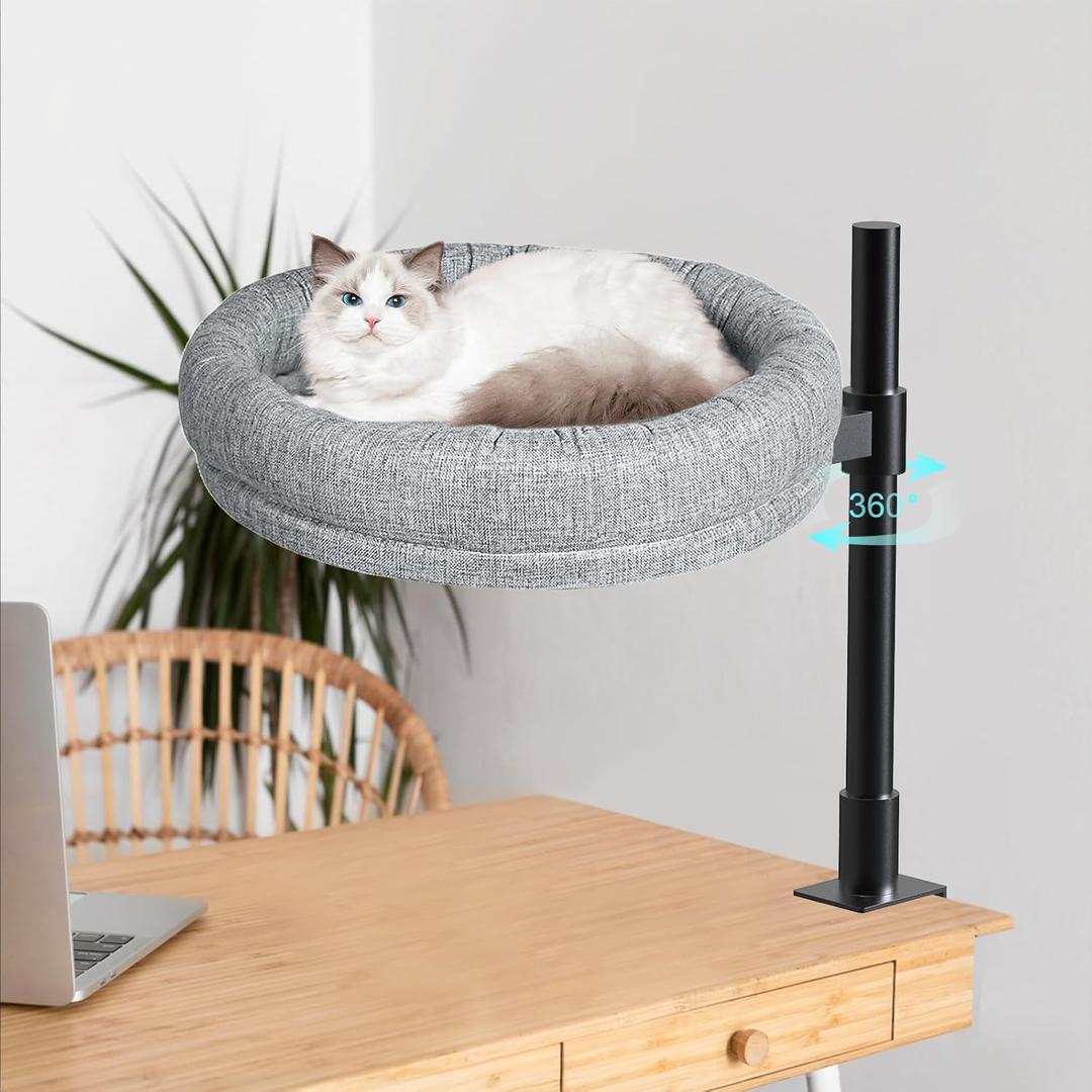 Cat Bed for Desk | Desktop Cat Perch & Hammock | 360 Rotation & Height Adjustable | Supports up to 50 lb | Soft Removable Cushion | ToolFree Clamp Installation | Home & Office Use
