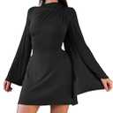 GOBLES Women's Elegant Flare Long Sleeve Adjustable Laced Up Mini Cocktail Dress (Large, Black)