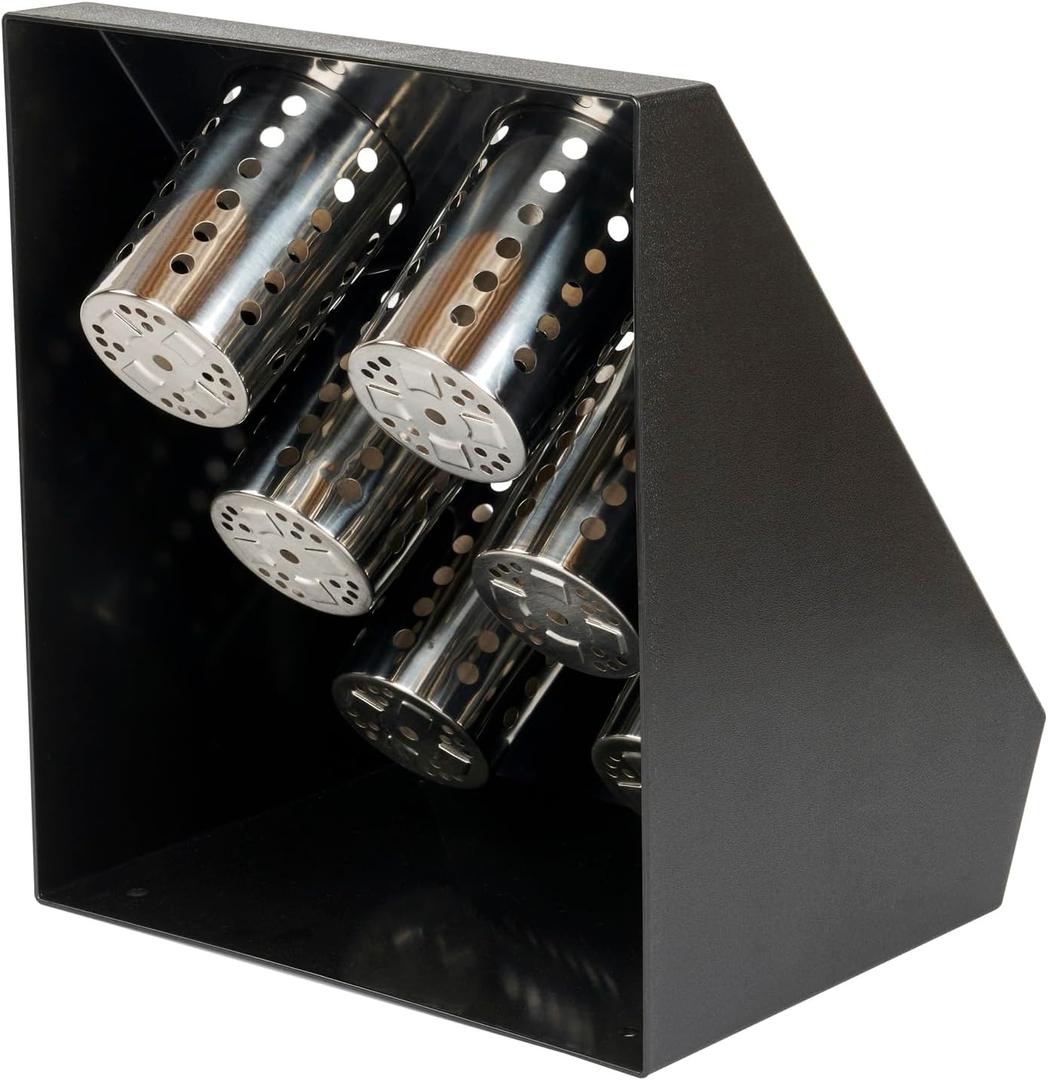 Restaurantware-Met Lux 13.78 x 11.42 x 15.94 Inch Flatware Organizer, 1 Standing Cutlery Holder - Includes 6 Stainless Steel Cylinders, Perforated Design, Black Plastic Utensil Holder, For Breakroom