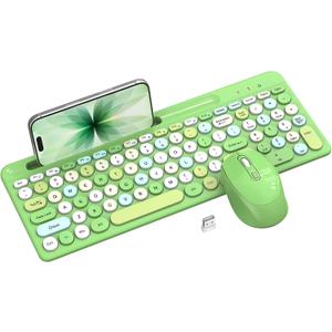 Colorful Wireless Keyboard and Mouse Combo - Round Keycaps, 2.4GHz Retro Typewriter Keyboard with Number Pad, Cute Compact USB Keyboard and Mouse for Computer PC Desktop Laptop (Green)