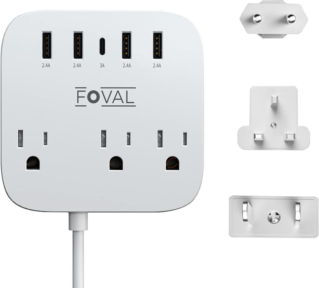European Travel Plug Adapter, FOVAL EU UK US Power Strip with USB C and 4 USB Ports, 3 AC Outlets, Wall Mountable, 5ft Extension Cord, Compact for Travel, Cruise Ship, Home Office (White)