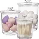 STORi 3-Pack Premium Quality Qtip and Cotton Ball Holders | 15-oz, 30-oz, and 60-oz Clear Plastic Apothecary Jars with Lids | Perfect Containers for Bathroom and Vanity | Set of 3 (Multi-Sized)