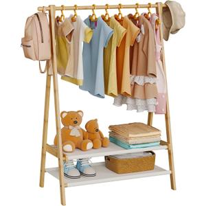 Kids Clothing Rack with 2 Fabric Shelves, Foldable Child Garment Stand with Hanging Rod, Small Dress Up Organizer, Bamboo (Natural)