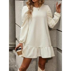 Women's Quilted Long Sleeve Ruffle Hem Mini Dress Casual Crew Neck Sweatshirt Dresses Puff Sleeve Fall & Winter Dress Size 4