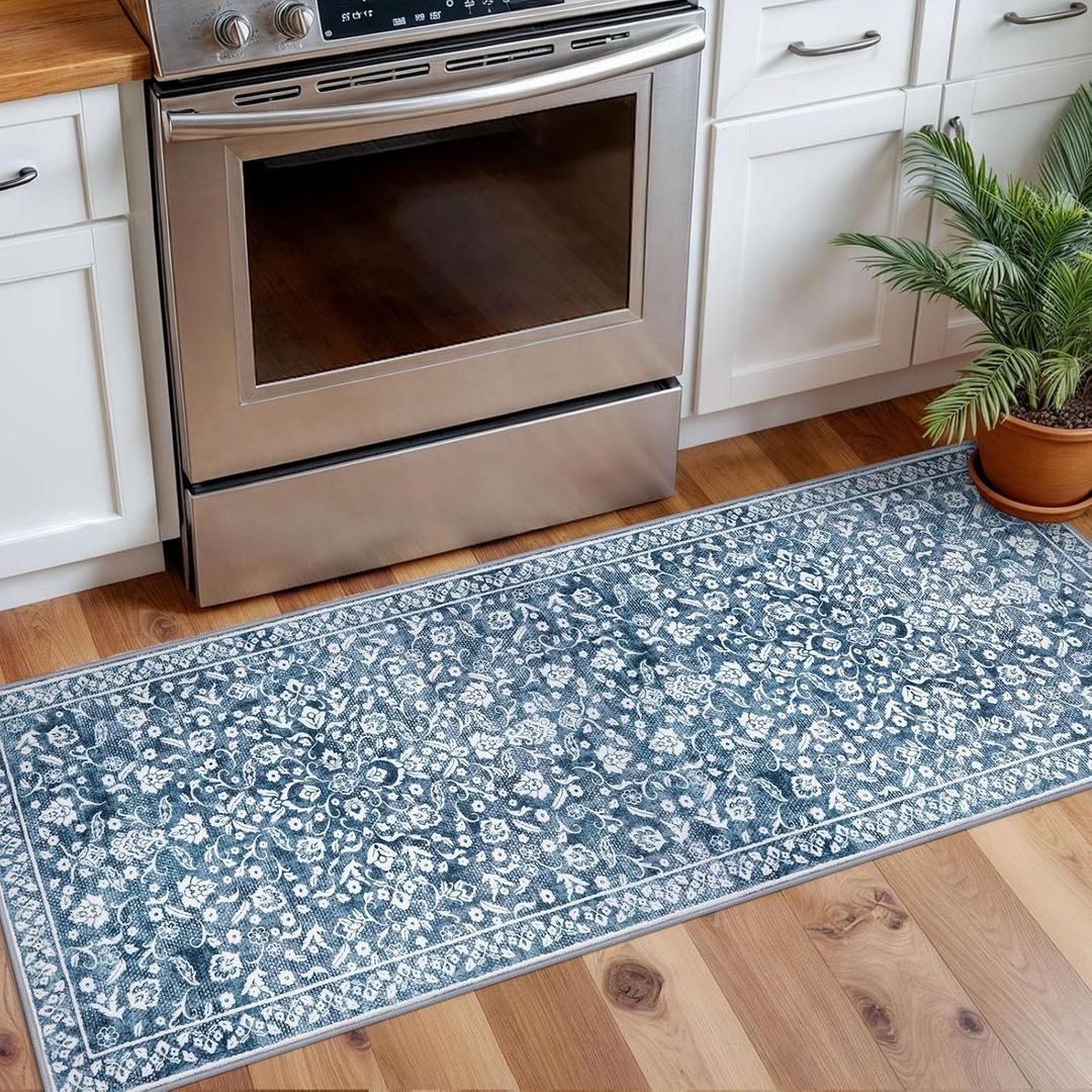 Vintage Washable 2x5 Rug, Blue and White Hallway Runner, Super Soft Non-Slip Kitchen Runner, Print Faux Wool Floral Thin Carpet for Entryway & Bedside