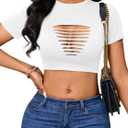 Remidoo Women's Sexy Distressed Ripped Crop Top Short Sleeve Cropped T Shirt Summer Cutout Tops White Small (White, S)