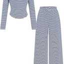 SOLY HUX Girl's 2 Piece Outfits Striped Long Sleeve Fall Matching Sets Bow T Shirt Tops and Wide Leg Pants, 10Y