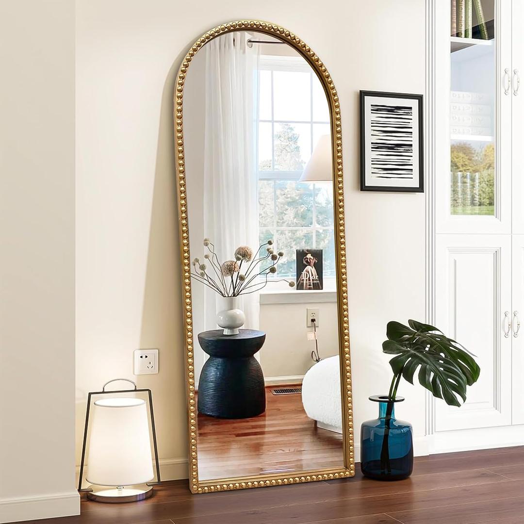 Vintage Full Length Wall Mirror, Large Gold Arch Floor Mirror 20"X53" with Antique Beaded Metal Frame for Dresser Living Room, Decorative Mirrors for Entryway Hallway Bathroom