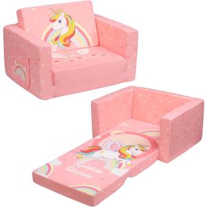 ALIMORDEN 2-in-1 Flip Out Comfy Toddler Couch, Lovely Kids Chair Convertible Sofa to Lounger for Story/Nap Time, Pink Unicorn