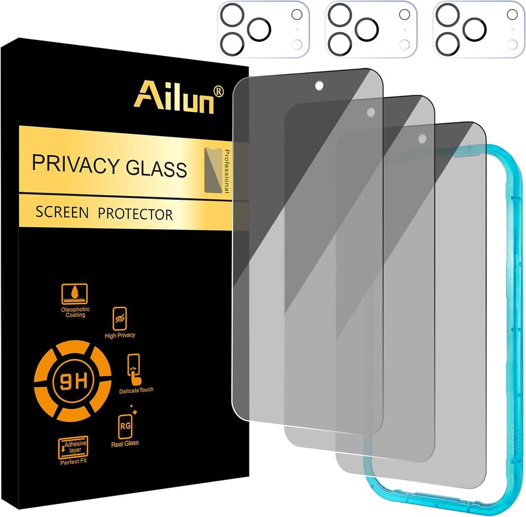 Ailun 3Pack for iPhone 17 Pro Privacy Screen Protector [6.3 inch]+ 3Pack Camera Lens Protector with Installation Frame,Dynamic Island Compatible,Anti Spy Tempered Glass[Not for iPhone 17/17ProMax/Air]