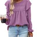 PRETTYGARDEN Women's Long Sleeve Shirts Ruffle Swiss Dot Crochet Loose Fit Tunic Dressy Casual Tops Blouses Spring Fashion (Purple, XS)
