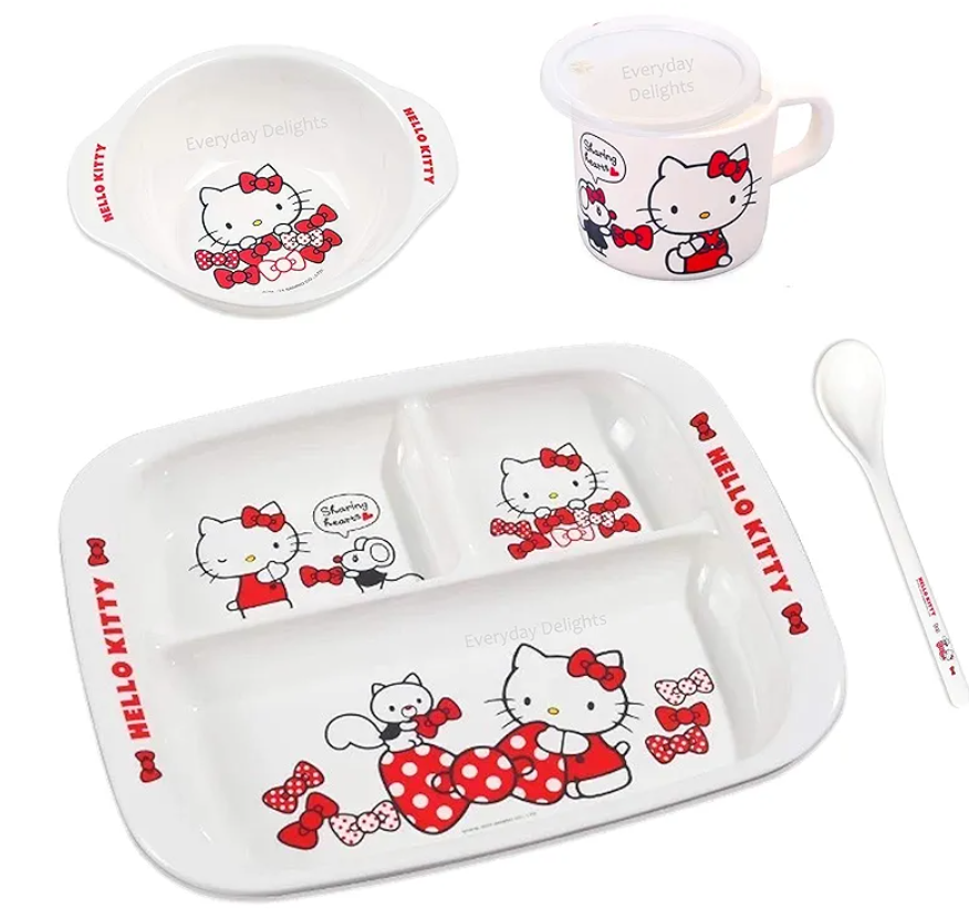 Everyday Delights Hello Kitty Red Dinnerware Flatware Meal Set – Plate Bowl Cup Spoon, 4 pieces