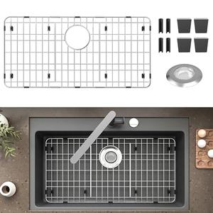 Stainless Steel Sink Protector 28-7/8" x 14-3/8" with Rear Drain, Metal Sink Rack for Bottom of Sink, Kitchen Sink Grate and Sink Protectors with Sink Strainer (28-7/8" x 14-3/8" - Rear Drain)