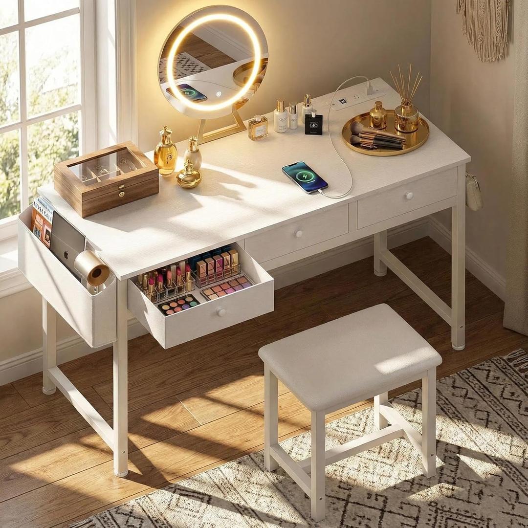 White Makeup Vanity Desk with Mirror and Lights Big Vanitys Set with Chair, Drawers and Power Outlet, Dressing Table Vanities for Girls Bedroom 47