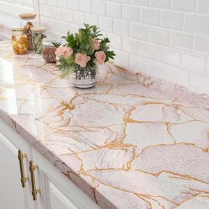 FunStick 24"x200" Glossy Marble Contact Paper for Countertops Waterproof Gold Pink Marble Wallpaper for Kitchen Countertop Peel and Stick Wallpaper Removable Wall Paper for Bathroom Cabinets Table Top
