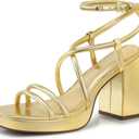 CELLENZ Women Chunky Platform Heels: 3.9 Inch Strappy High Heel Sandals Size 9.5 (Gold)