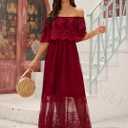 Women's Off The Shoulder Embroidered Lace Maxi Wedding Dress Boho Wedding Guest Formal Party Maternity Photoshoot Dresses (Red, XXL)