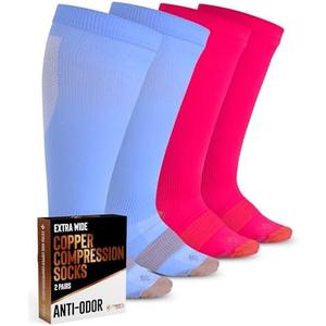 Doctor's Select Copper Plus Size Compression Socks Wide Calf - 2 Pairs | 20-30mmHg Extra Wide Calf Compression Sock Women | Extra Wide Calf Compression Sock for Traveling & Running | Copper Compression Socks Women & Men | Blue & Pink, 4XL