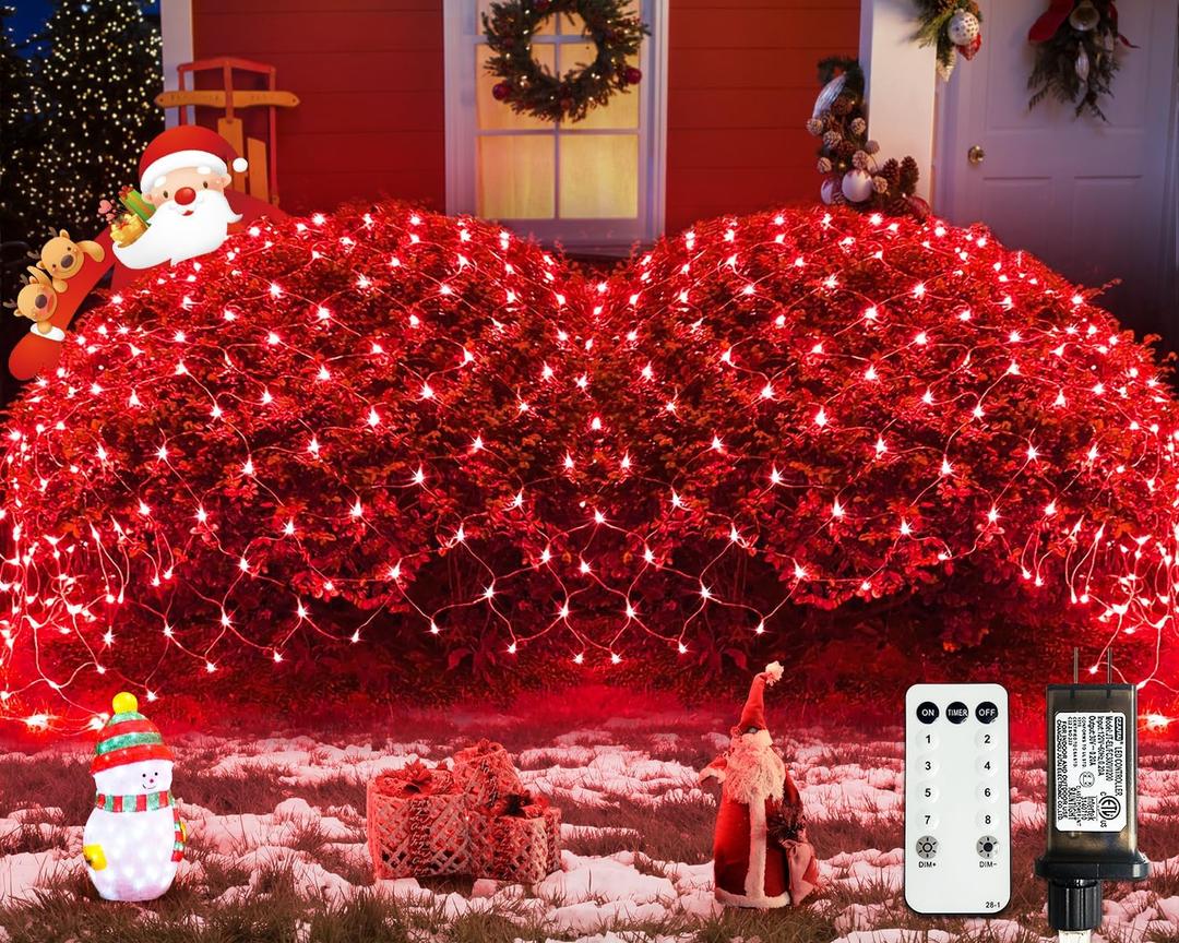 JMEXSUSS Red Christmas Net Lights 360 LED 12ft x 5ft Bush Lights Outdoor Plug in 8 Modes with Remote for Christmas Decorations