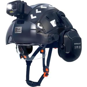 Hard Hats with Visor and Build in Headlight Ear Muffs Lightweight Vented Safety Helmet Headlamp for Construction Industrial Outdoor Work ANSI Z89.1 Approved (Black+CSV+B07+SHL01)