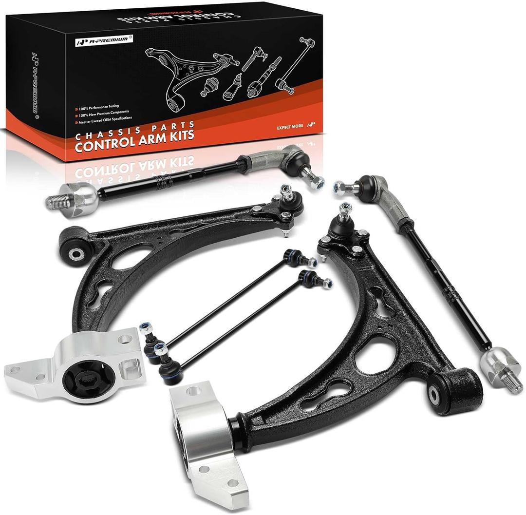 A-Premium Set of 8, Lower Control Arm with Ball Joint, Sway Bar Link, Inner Outer Tie Rod End, Compatible with Volkswagen Jetta 06-14, Eos 07-14, Golf 10-14, GTI 07-13, R32 08, Audi A3 (Quattro) 06-09