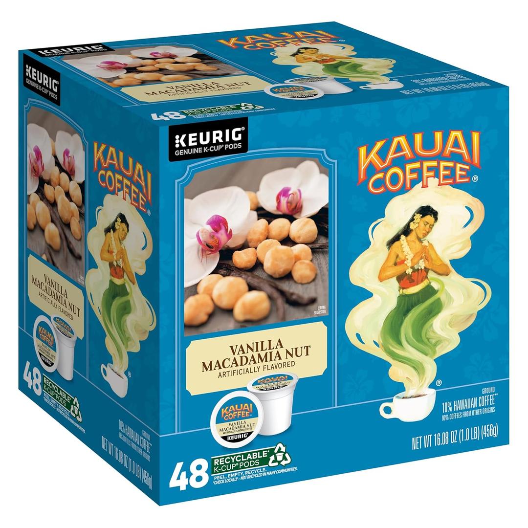 Kauai Coffee K-Cup Pods for Keurig Brewers  Arabica Coffee, 10% Hawaiian  Medium Roast, Vanilla Beans with Toasted Macabamia Nuts  Vanilla Macadamia Nut, 1 Pack of 48 Single Serve K-Cups