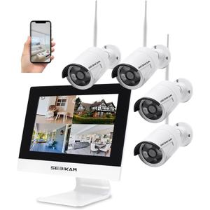 Wireless Security Camera System with 10.1" Monitor, 4PCS 3MP/2K HD Cameras | 2-Way Audio | Local & Remote View | Night Vision Motion Detection | IP66 Home Business Surveillance Kit (NO HDD)