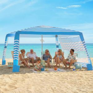 Beach Cabana 8'8', Portable Beach Canopy with Side Wall, UPF 50+ Silver-Coated Beach Tent Sun Shelter Easy Pop Up, Wind Resistant Adjustable Height Beach Umbrella Tent for Family, Light Blue
