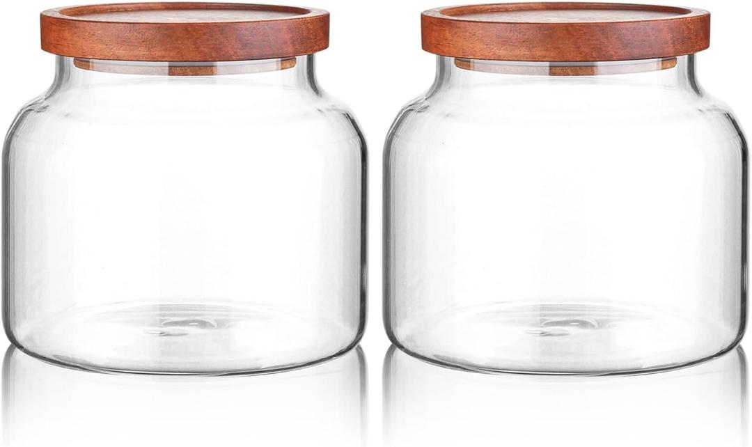 Labina Glass Storage Container Airtight Food Jars Kitchen Canister with Wood Lids, 47 Oz Wide Mouth Pantry Organization Glass Jar for Flour, Sugar, Cookie, Spagetti, Nuts and Candy (2 Pack)