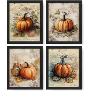 2 x JXREQ Vintage Pumpkin Fall Decorations Wall Art for Home Kitchen Living Room Bathroom Bedroom, Retro Pumpkins Wall Art Posters for Harvest Thanksgiving Decorations Set of 4, 8x10 Inch Unframed