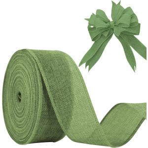 Sage Green Burlap Ribbon 2 inch X 20 Yard Natural Linen Woven Ribbon DIY Handmade Wired Edging Production Wreath Holiday Decoration for Gift Wrapping Jute Linen Ribbons