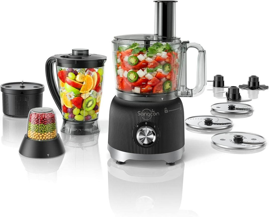 Sangcon Smoothie Blender and Food Processor Combo for Kitchen, 600W Vegetable Chopper with 2 x 8-Cup Bowls, 11-in-1 Food Chopper for Slicing, Shredding, Mixing, Purees & Dough, Shakes, BPA-Free (Black)