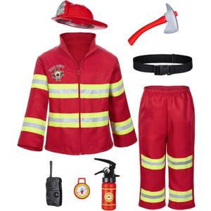 Kid's Fireman Firefighter Costume Toys with Complete Accessories for Boys and Girls Birthday Halloween Party Dress Up Red 10-11 Years