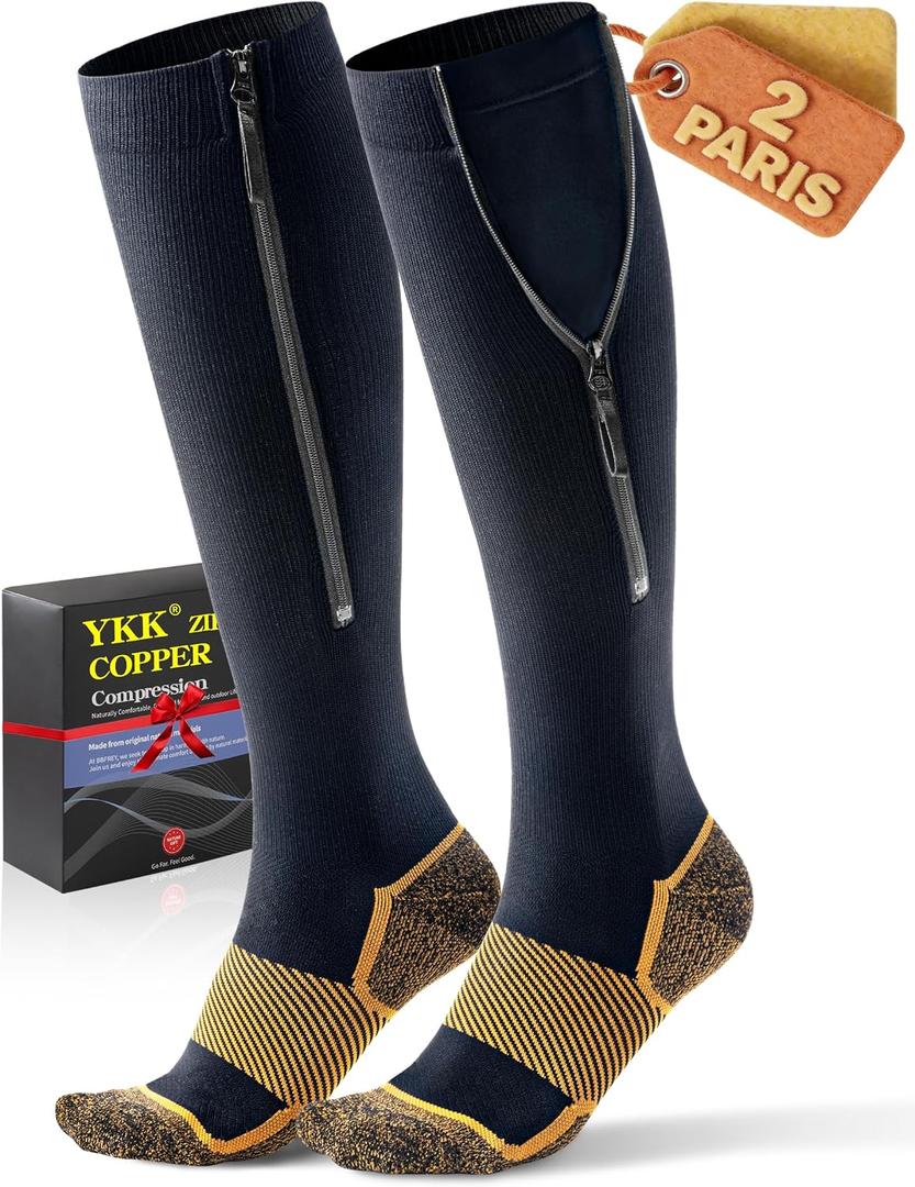Medical Zipper Compression Socks 20-30 mmHg for Women & Men (2 Pairs) - Easy On Copper Compression Socks for Circulation, Swelling, Odor Control, Athletic, Travel, Flying XL