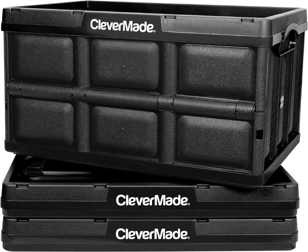CleverMade Collapsible Storage Bins 46L (3-Pack) Heavy Duty Collapsible Plastic Storage Bins, Stackable Folding Storage Bins for Car, Garage, Home Organization - Foldable Bins, Obsidian