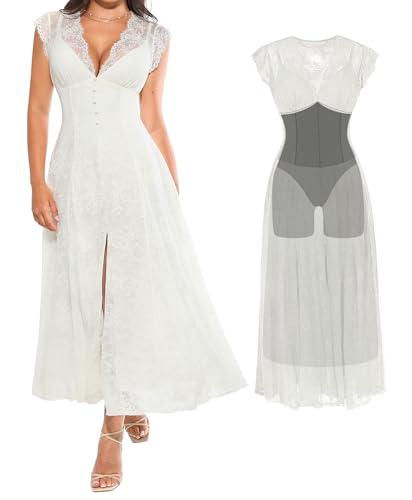 Popilush Wedding Dresses for Bride Lace Sleeveless V Neck Maxi Shapewear Cocktail Dress Split Beach Bride Dresses White,  L