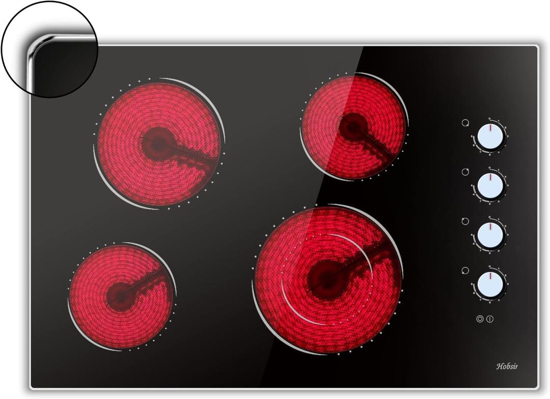 Electric Cooktop 30 Inch Hobsir, 4 Burner Electric Stove Top 6700W, Knob Control Built in Cook top, 30" Electric Stove Top Burner with Glass Protection Metal Frame, Double-ring burner, 220-240v