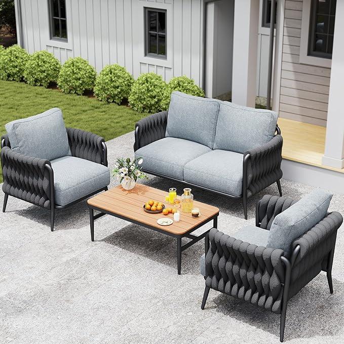 Outdoor Patio Sofa Set 5-Piece, Outdoor 4-Seat Couch Set with Coffee Table, Waterproof Thick Cushion Patio Conversation Set, All Weather Outdoor Furniture for Deck, Lawn, Balcony