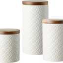 Embossed Ceramic Canister Set 3-piece Storage Jars Food Containers with Airtight Acacia Wood Lids for Kitchen Countertop or Home Deco