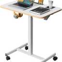 Mobile Standing Desk, Rolling Laptop Cart Adjustable Height with Cup Holder, 28 inch Portable Table with 4 Lockable Wheels, White Computer Workstation with Hook and Slots for Home Office
