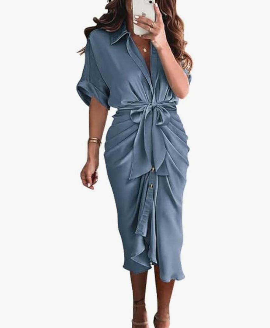 Shirt Dresses for Women Spring Button Short Sleeve Silk Satin Ruched Maxi Summer Dress 2026 Cocktail Party Wedding S