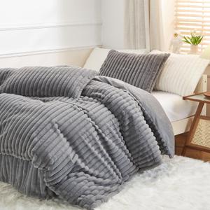 Luxury Shaggy Plush Duvet Cover Set King Size Grey Soft Faux Fur Fluffy Fuzzy Comforter Cover 3 Pcs Winter Warm Fleece Bedding Set Vertical Striped Bed Set with 2 Pillow Shams (Dark Gray)