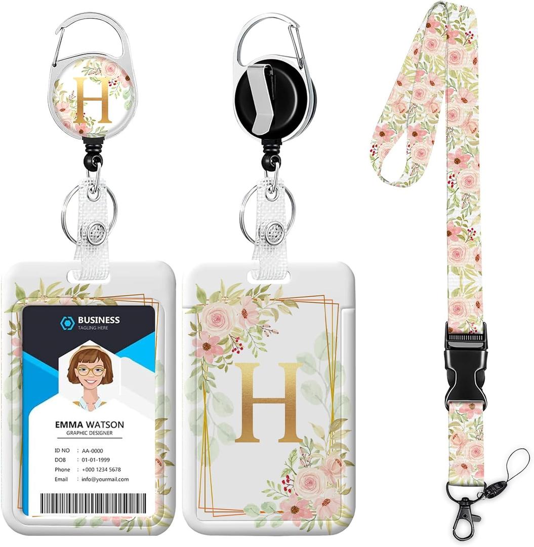 Letter H Lanyards for ID Badges,Floral Badge Holder with Lanyard Badge Reel Retractable Keychain ID Name Tag Work Badge Clip for Teacher Women Work Office