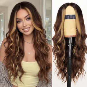 AISI HAIR Beginner Friendly Wigs Brown Highlight Wig for Women, Long Wavy Lace Hairline Middle Part Synthetic Heat Resistant Wig for Daily Party-26 Inch