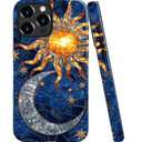 Case for iPhone 14 Pro Max - Slim Fit Anti-Scratch Phone Case for Girl Women - Celestial Sun Moon Star Blue Glass (Glossy)