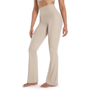 Women's Workout Flare Yoga Pants with Pockets High Waisted Bootcut Leggings Tummy Control 30'' (Khaki) S