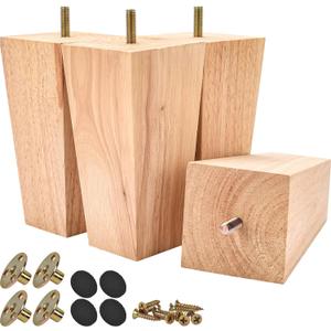 5 inch Solid Wood Furniture Legs, 4Pcs Mid-Century Modern Wooden Pyramid Replacement Feet with Threaded 5/16'' Hanger Bolts & Mounting Plate & Screws for Sofa Couch Chair Recliner (Unfinished)