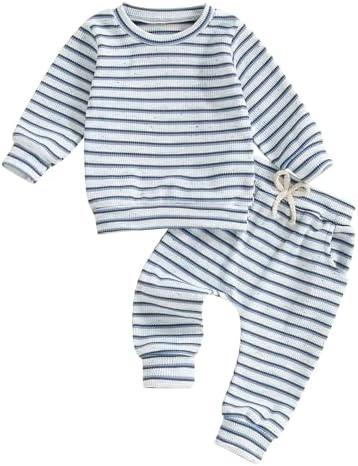 VISGOGO Baby Boy Clothes Toddler Fall Winter Outfit Sweater Toddler Boy Striped Clothes 18-24 Months Pant Set