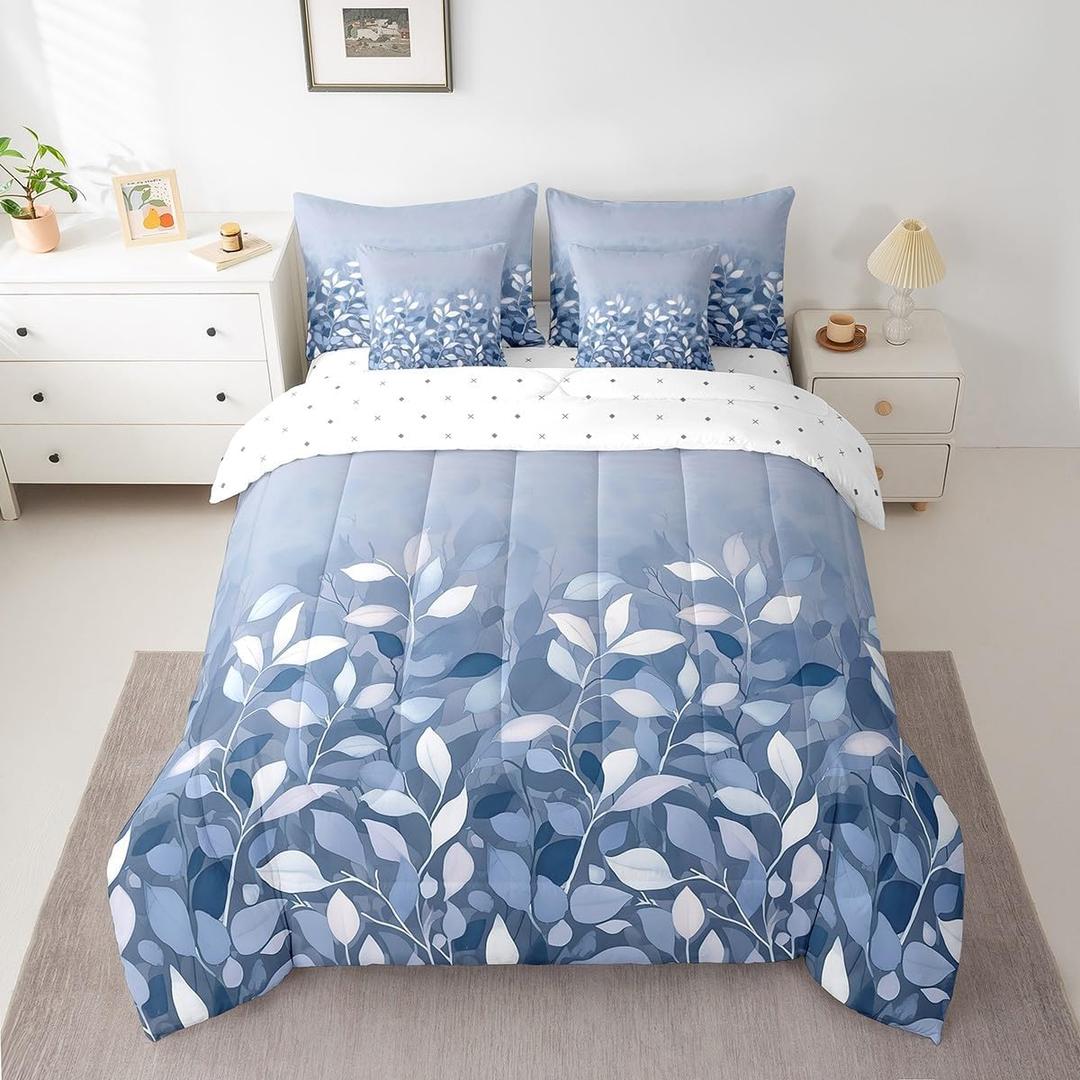 Feelyou Vintage Floral 7 Piece Bedding Set Full Size Blue Botanical Comforter Set with Sheets for Kids Adult Leaves Plants Bed in a Bag Microfiber Bed Set