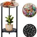 2-Tier Metal Round Side Table Black Accent Coffee Tables Small Space Corner Plant Stand Shelf for Indoor Outdoor Use Patio Balcony End Table Butterfly Print Weather-Resistant
